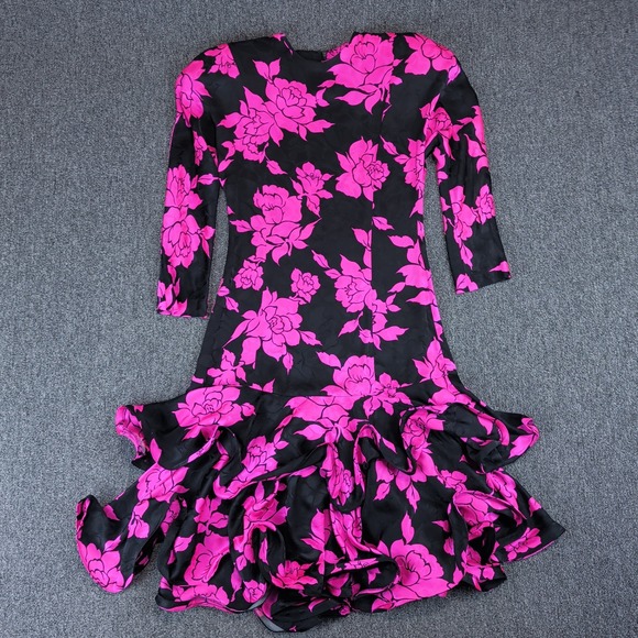 Lillie Rubin Vintage 80s Silk Floral Ruffle Gown Women 4 Pink Black Maximalist — photo 3
